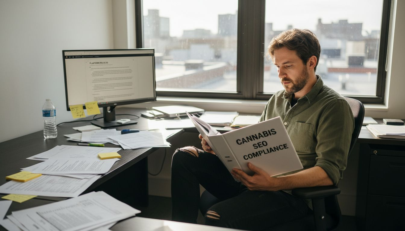 A man sits at a cluttered office desk reading a binder labeled "Cannabis SEO Compliance," with documents and a computer monitor nearby.