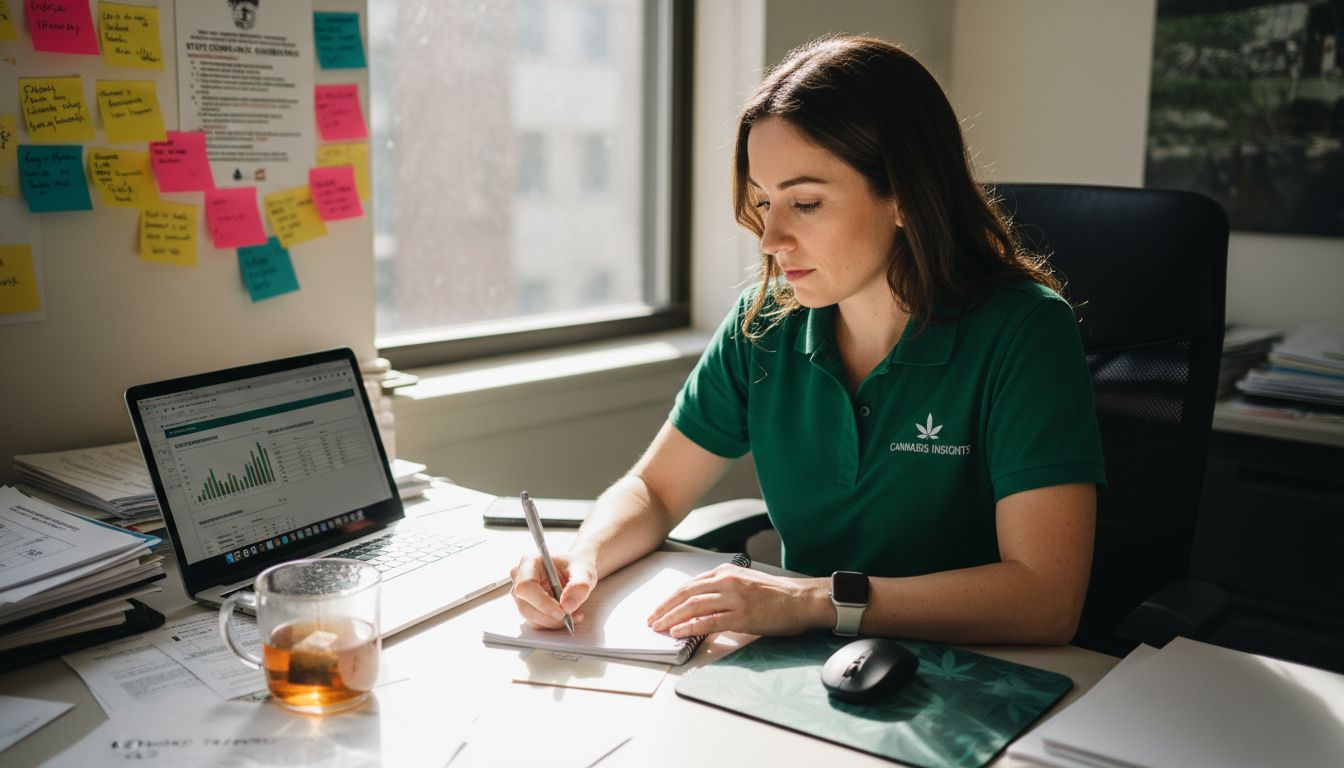 A woman in a green polo shirt writes at her desk with papers, a laptop displaying a graph, a glass mug of tea, and colorful sticky notes on the wall.