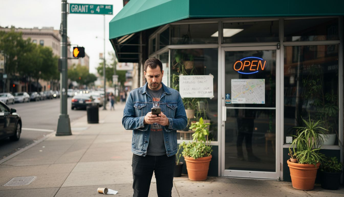 A man in a denim jacket looks at his phone while standing on the sidewalk outside a storefront with an "OPEN" sign and potted plants.