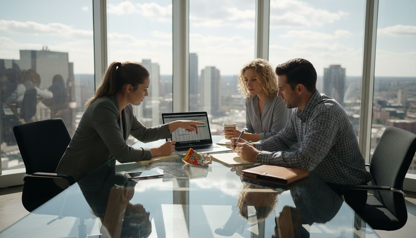 Three people sit at a glass conference table in a high-rise office, discussing data on a laptop, with city buildings visible through large windows in the background.