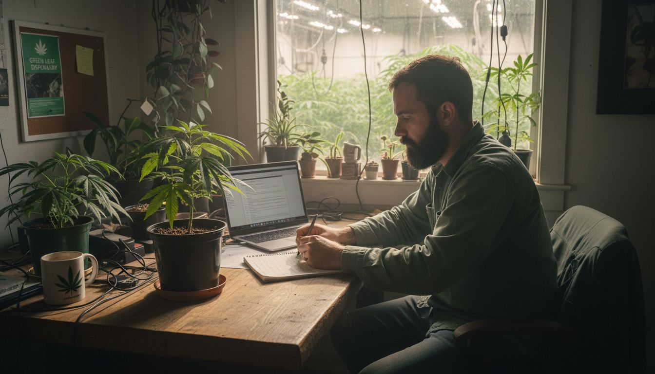 A man sits at a desk with potted cannabis plants, working on paperwork and a laptop in a sunlit office, with more plants visible outside the window.
