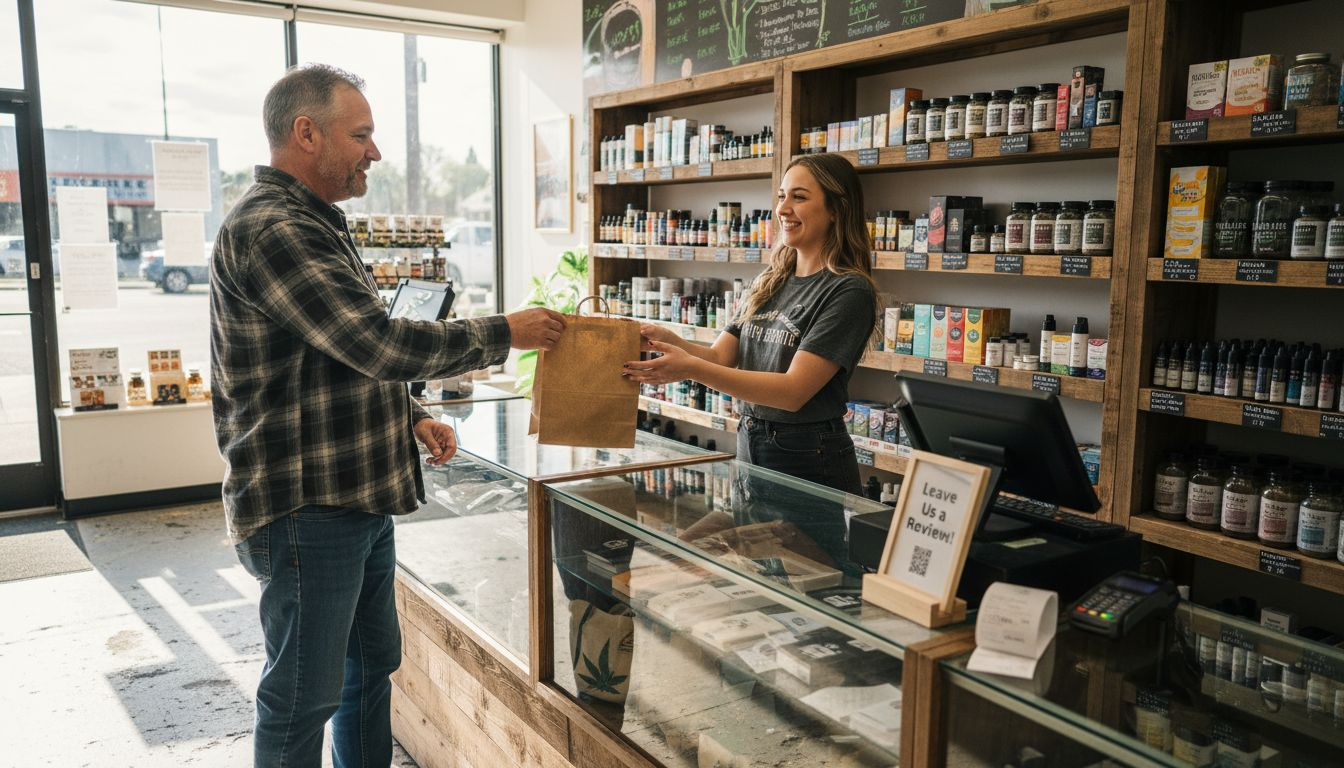 A man receives a paper bag from a smiling cashier behind the counter at a health supplement store. Shelves are stocked with vitamin bottles and a sign reads, “Leave us a review!”.