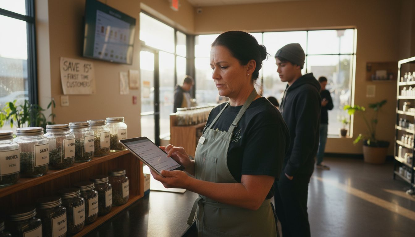 A woman wearing an apron uses a tablet behind a counter with labeled jars in a well-lit shop, while customers stand in line.