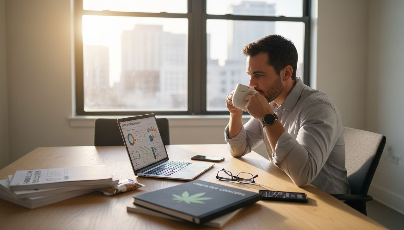 A man sits at a desk with a laptop displaying charts, drinking from a mug. Papers, a book with a cannabis leaf, and a smartphone are on the desk. City buildings are visible through the window.