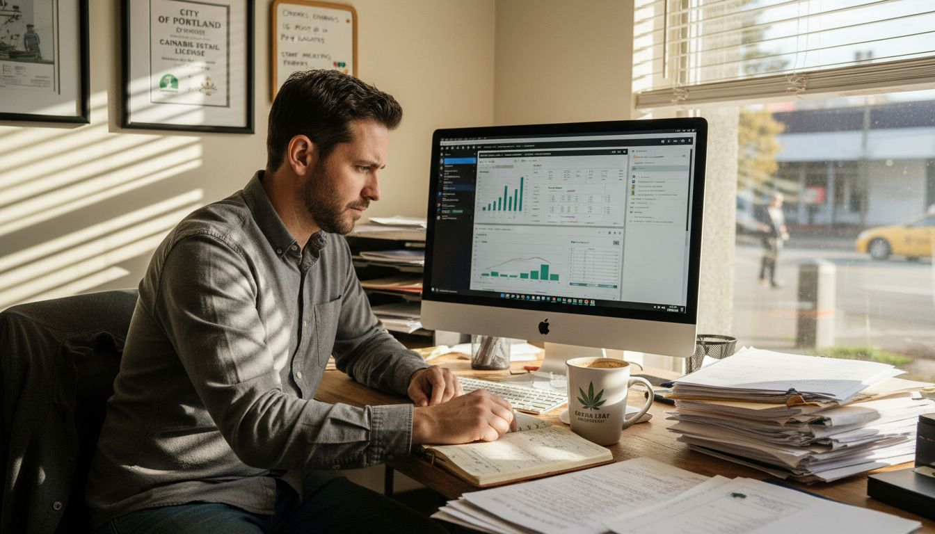 A man sits at a desk working on a computer displaying graphs and data, surrounded by paperwork, a notebook, and a coffee mug in an office with sunlight streaming through the window.