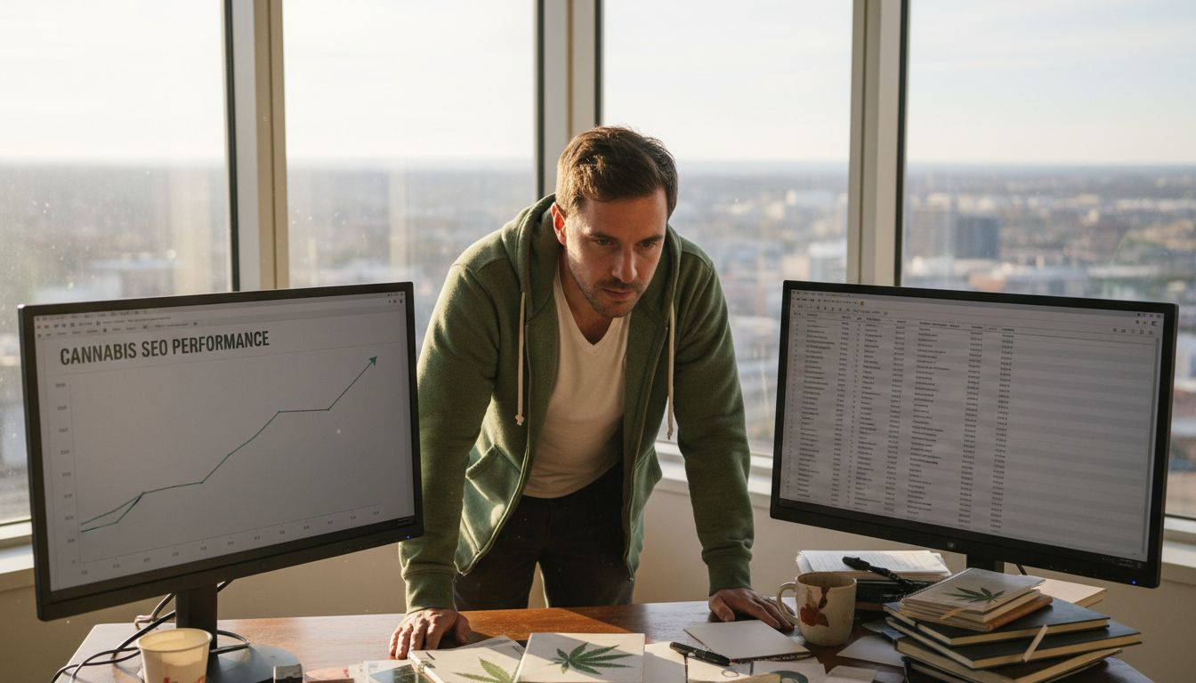 A man leans over a desk with two monitors; one shows a graph labeled "Cannabis SEO Performance," and the other displays a spreadsheet. Papers with cannabis leaves are on the desk.