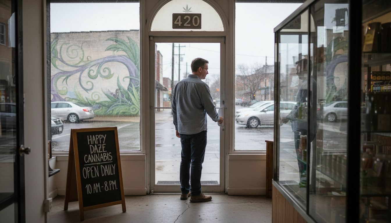 A man stands at the glass door of a cannabis shop with a sign reading "Happy Daze Cannabis Open Daily 10 AM - 8 PM." Cars and a mural are visible outside.