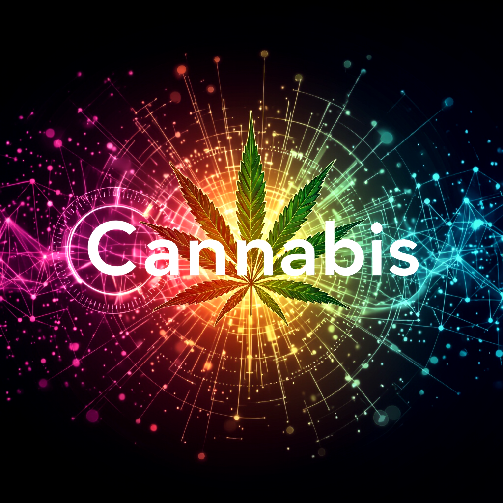 A cannabis leaf is centered against a vibrant, circular, multicolored digital pattern with the word "Cannabis" overlaid in bold white text.