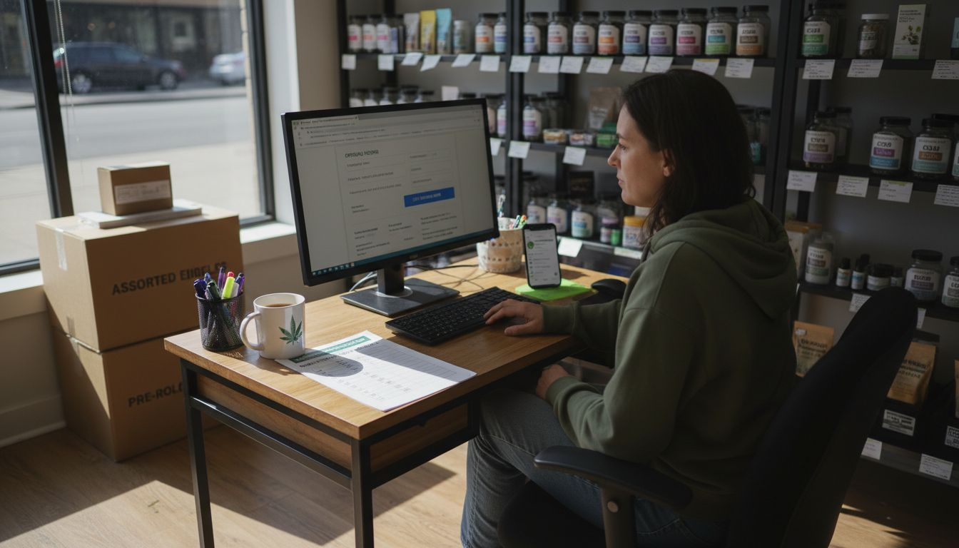 A woman sitting at a desk looking at a computer.