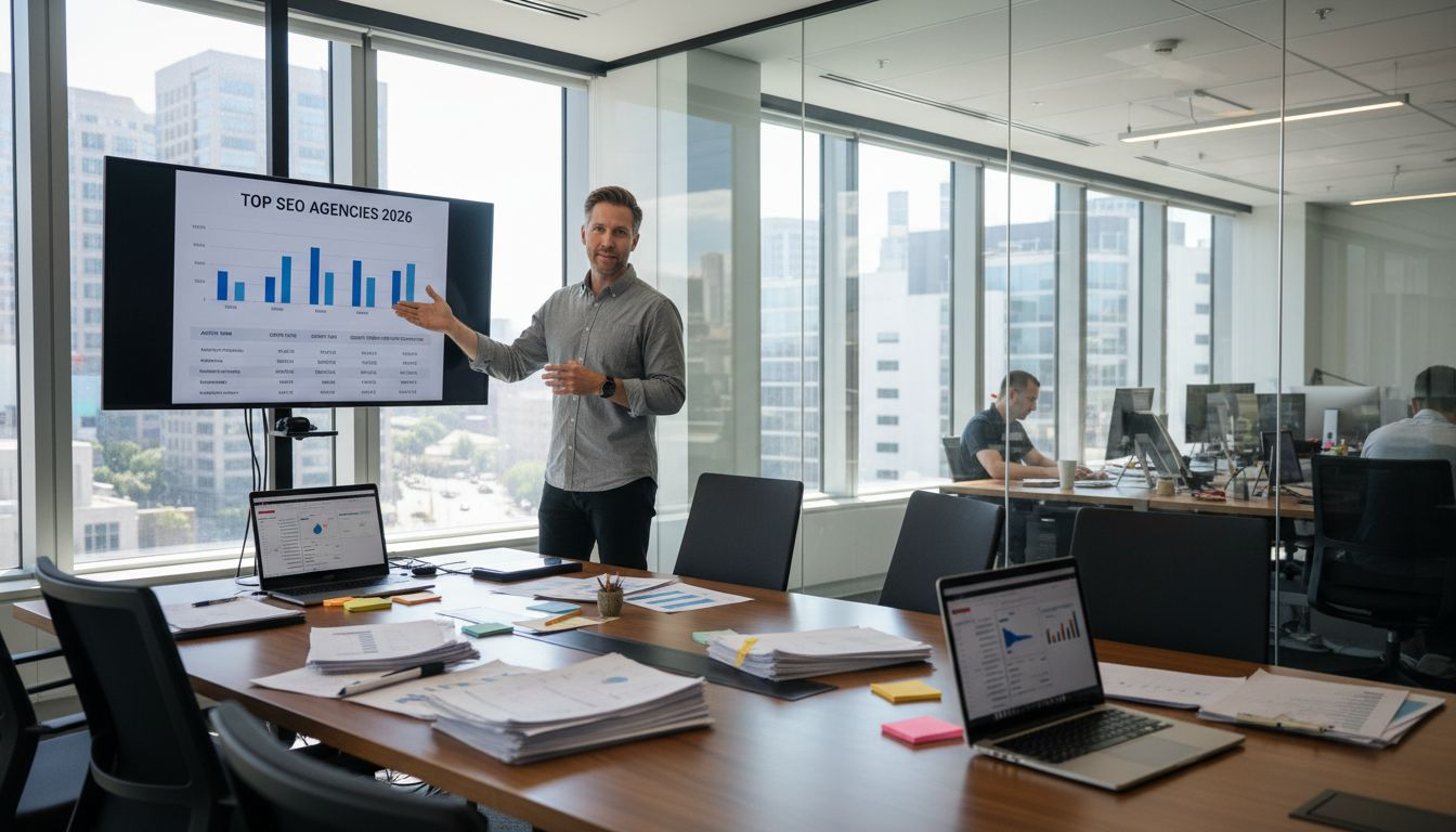 A man stands in a modern office, presenting a bar graph titled "Top SEO Agencies 2023" on a screen to an empty conference room, with laptops and papers on the table.