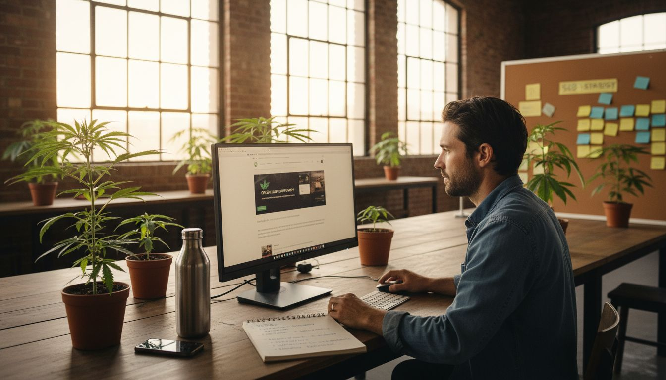 A man works at a computer in a sunlit office with potted plants on the desk and a corkboard with sticky notes in the background.