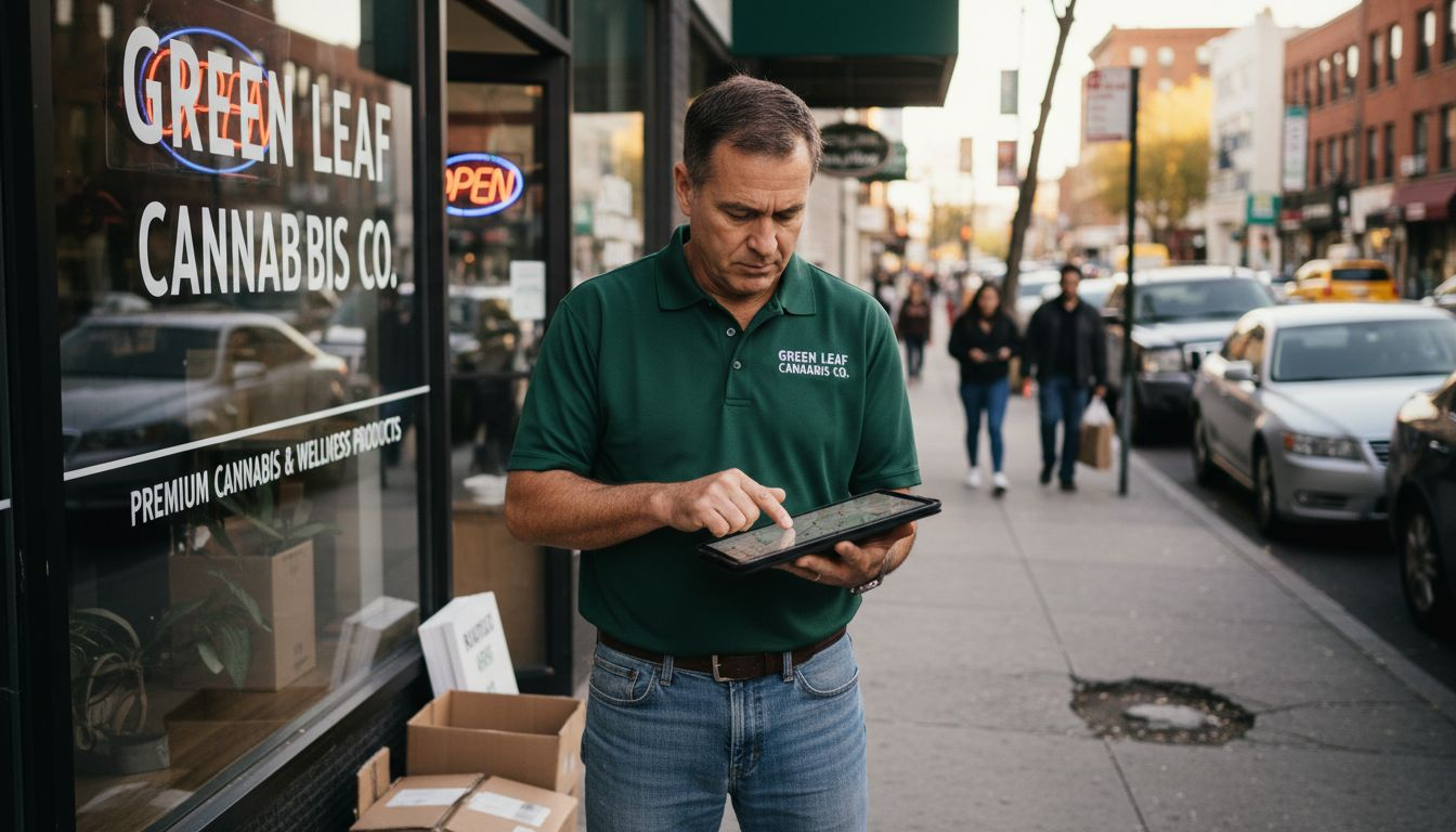 A man in a "Green Leaf Cannabis Co." shirt uses a tablet outside the store on a city sidewalk with pedestrians in the background.