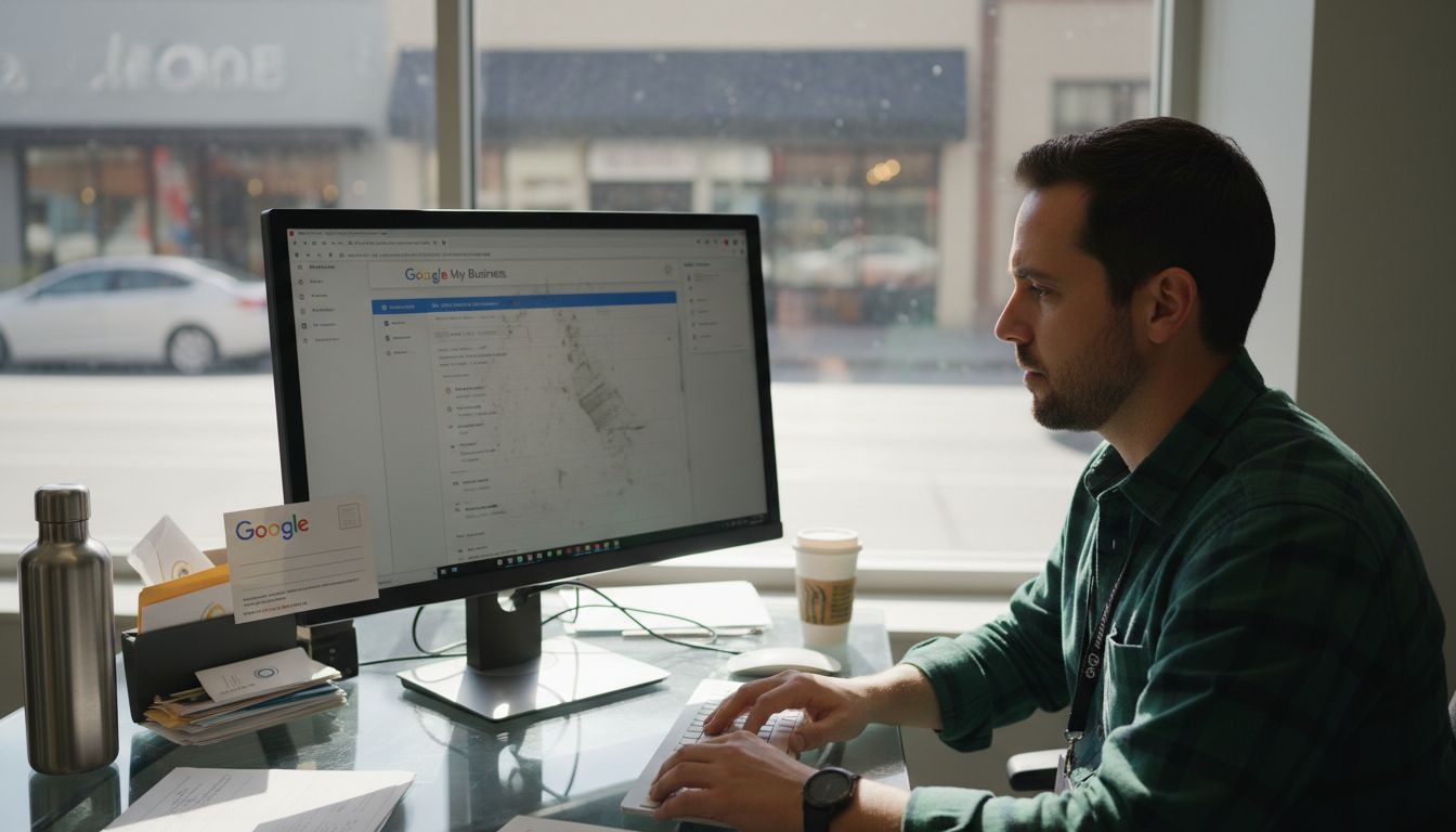 A man sits at a desk using a desktop computer with Google My Business open on the screen, in a bright office with a window overlooking a street.