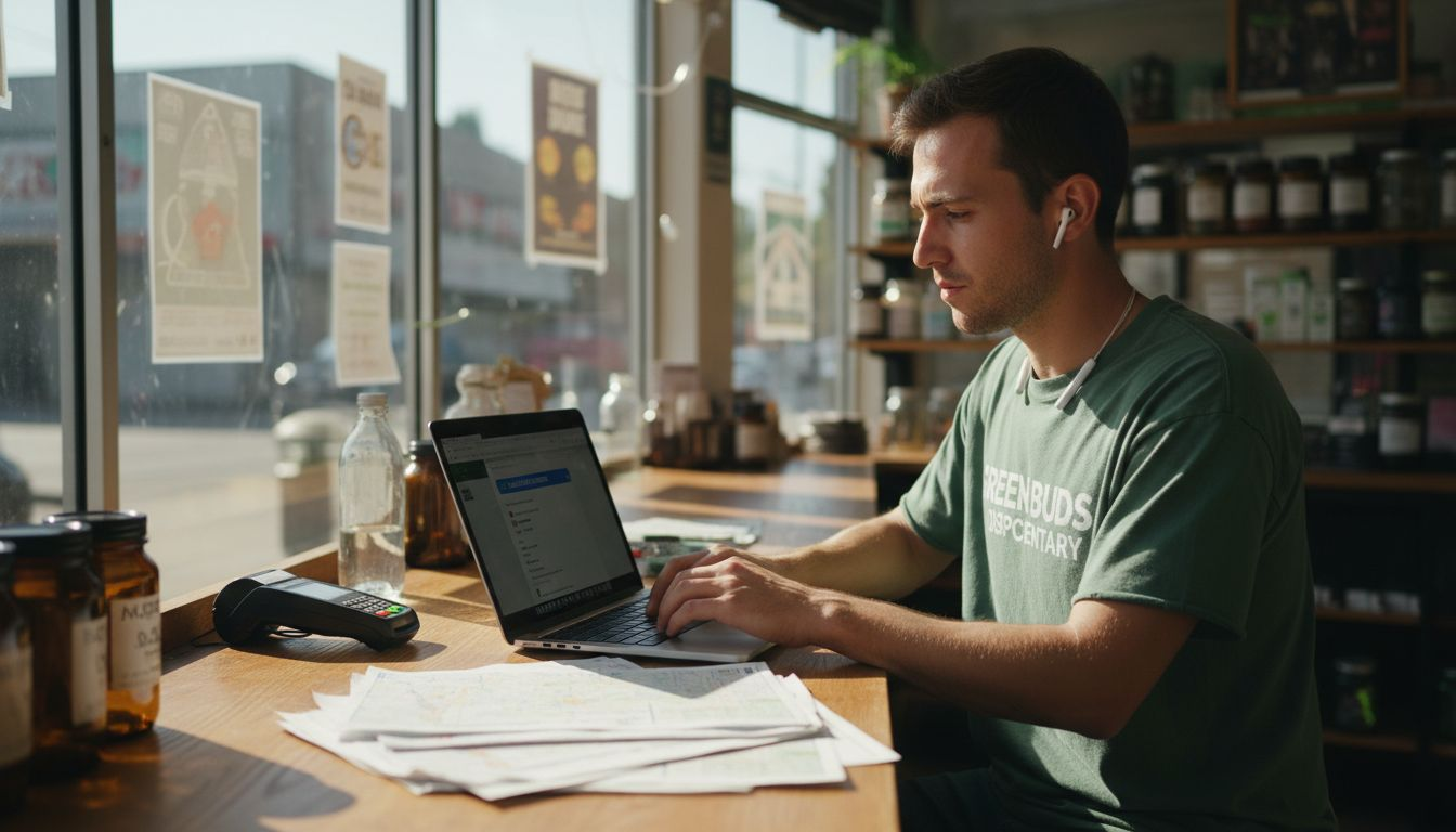 A man wearing earphones works on a laptop at a wooden counter, surrounded by papers and jars, with sunlight coming through large windows in a shop or café.