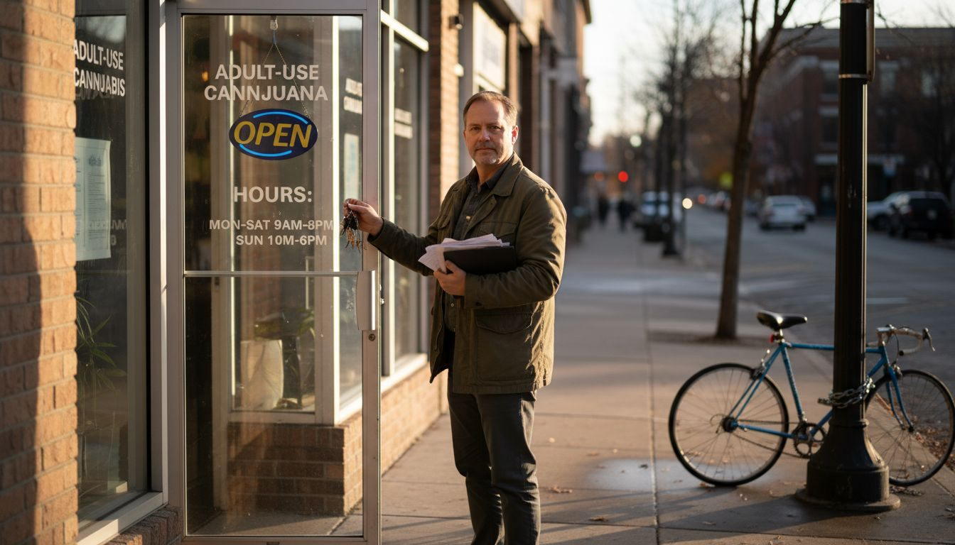 A man stands outside an adult-use cannabis store holding papers, with the door open and a bicycle parked nearby on a city sidewalk.