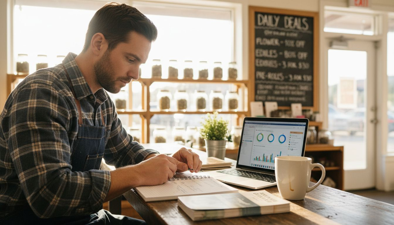 A man in a plaid shirt sits at a table in a cafe, writing in a notebook with a laptop displaying graphs and charts beside him. Shelves of jars and a chalkboard menu are in the background.