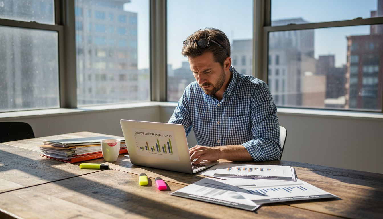 Strategist comparing cannabis SEO agencies workspace