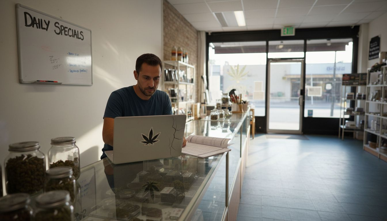 Dispensary manager working on digital marketing tasks