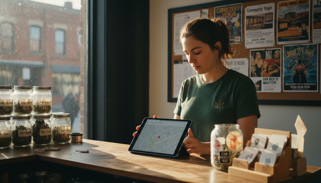 Manager reviewing cannabis dispensary listing in shop