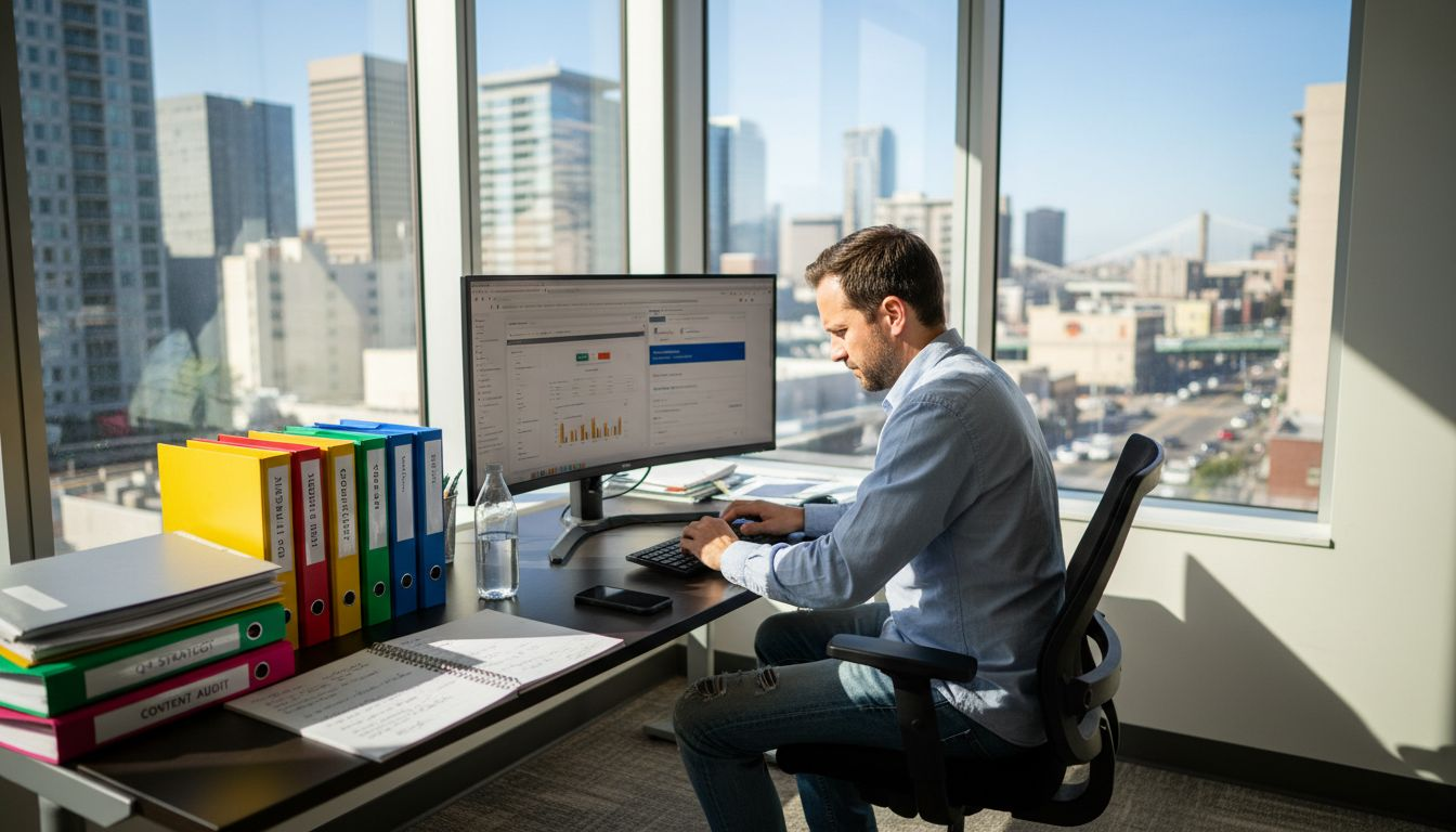 SEO consultant working in cannabis office