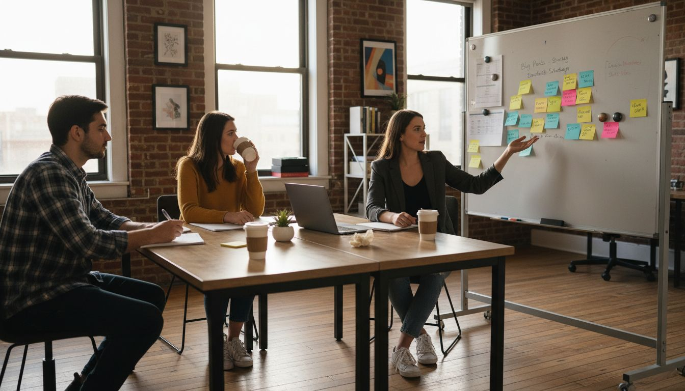 Team collaborating in cannabis marketing office