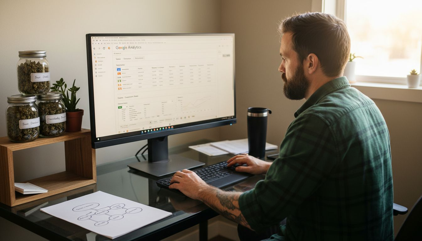 Dispensary owner reviewing SEO analytics dashboard