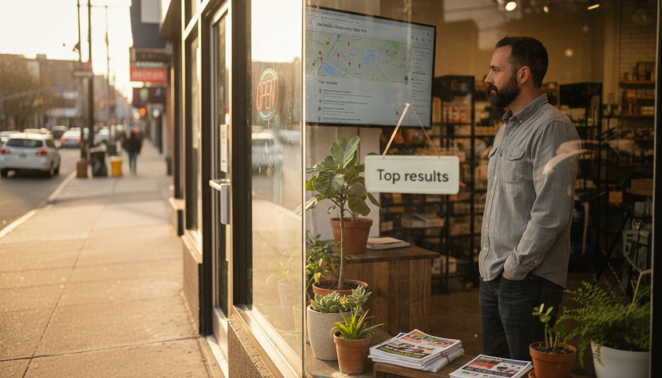 Shop owner checking Google Business Profile at dispensary