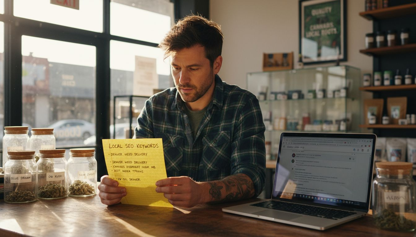 Dispensary owner reviewing SEO plan behind counter