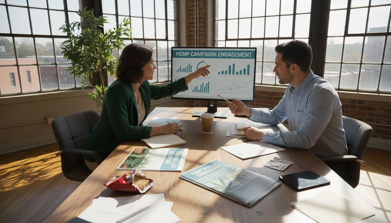 Team in hemp marketing office reviews engagement charts