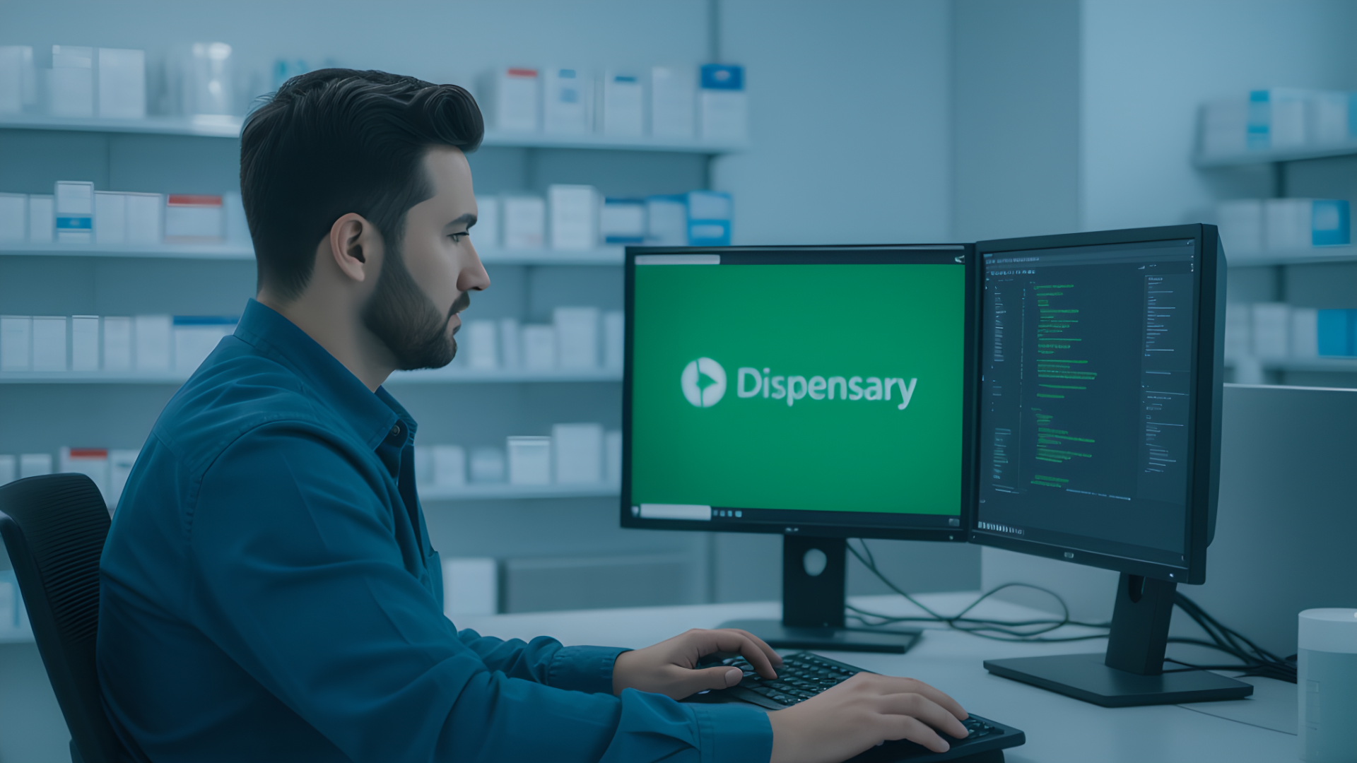 A man working at a desk with two monitors in a dispensary office, one screen displaying code and the other showing a "Dispensary" screen powered by Breadstack.