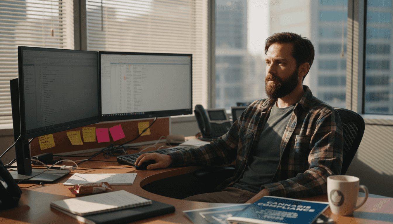 Cannabis marketing director working at desk