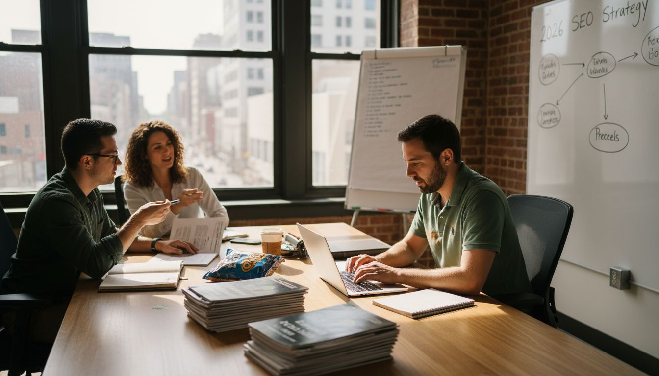 Team planning cannabis SEO strategies in office