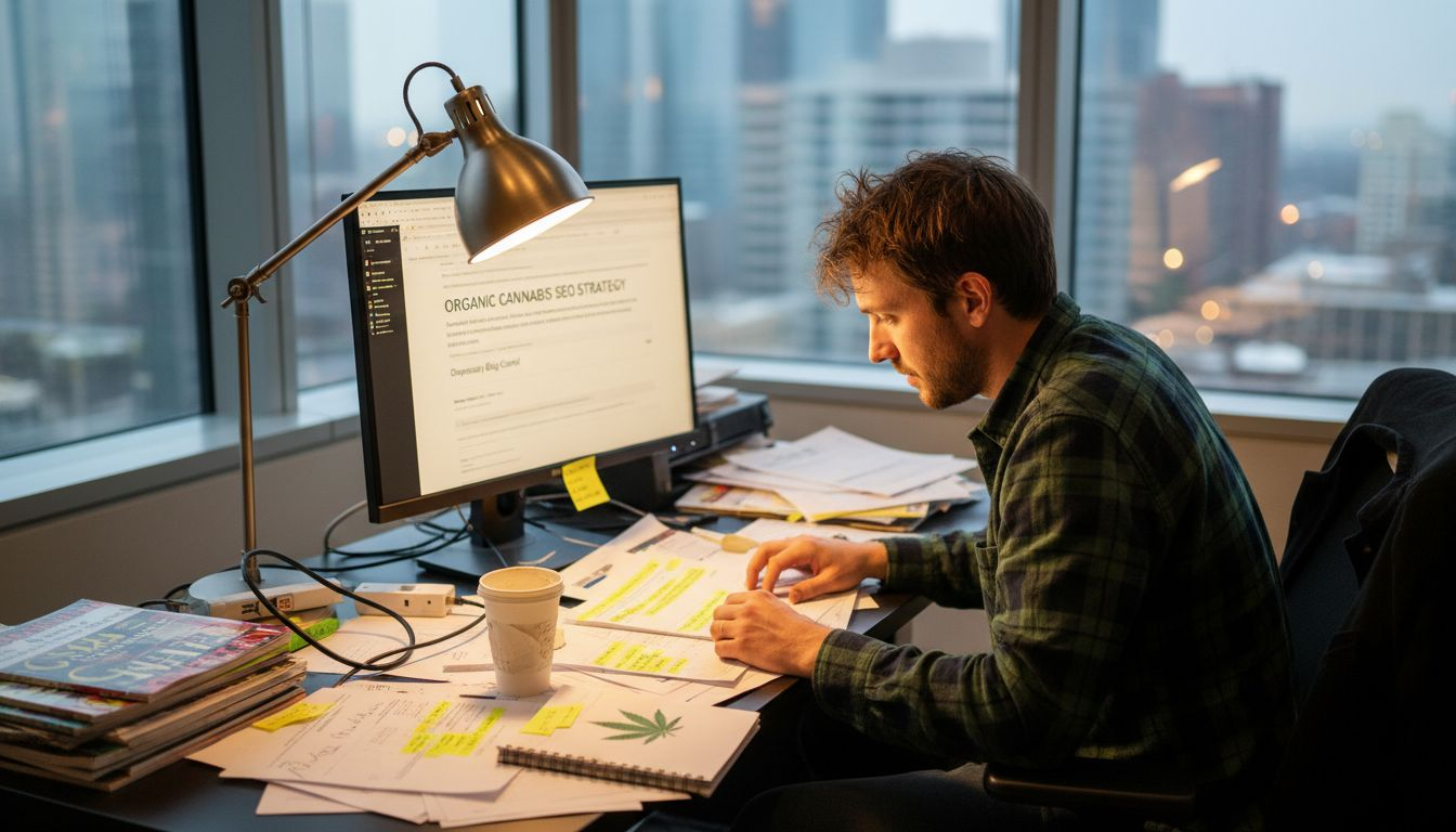 Cannabis SEO strategist at cluttered desk workspace