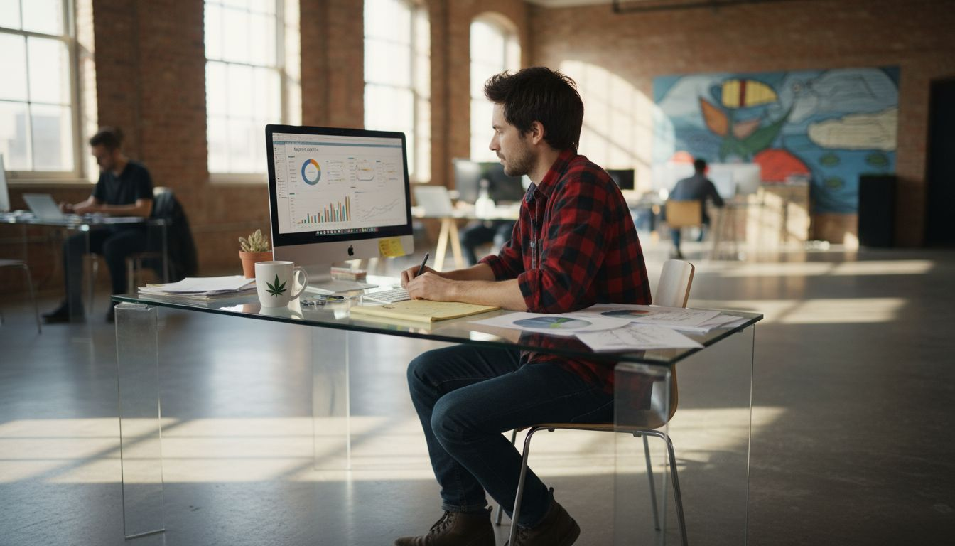 Marketer researching cannabis keywords at loft desk