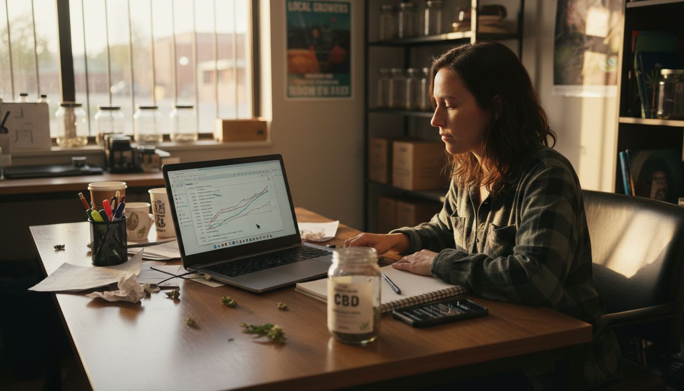 Worker researching cannabis SEO keywords in dispensary office