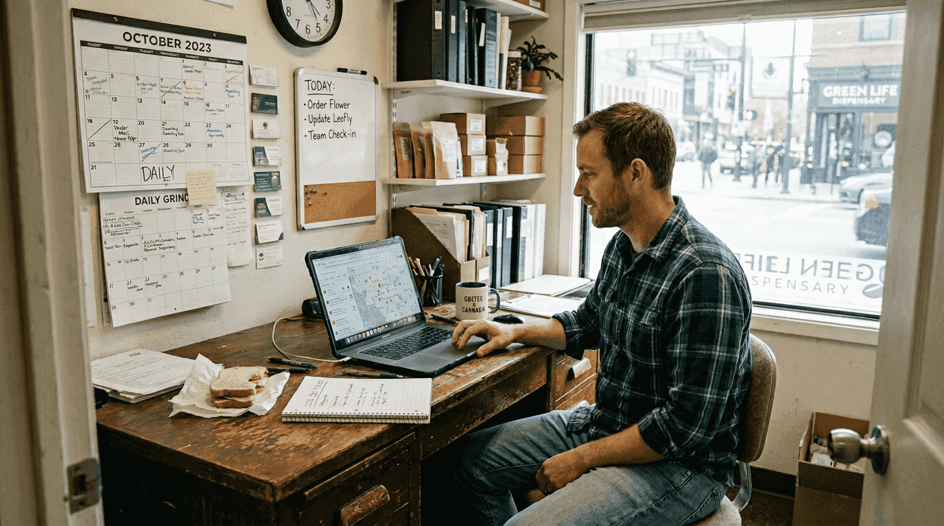 Cannabis owner checks local SEO plan at desk