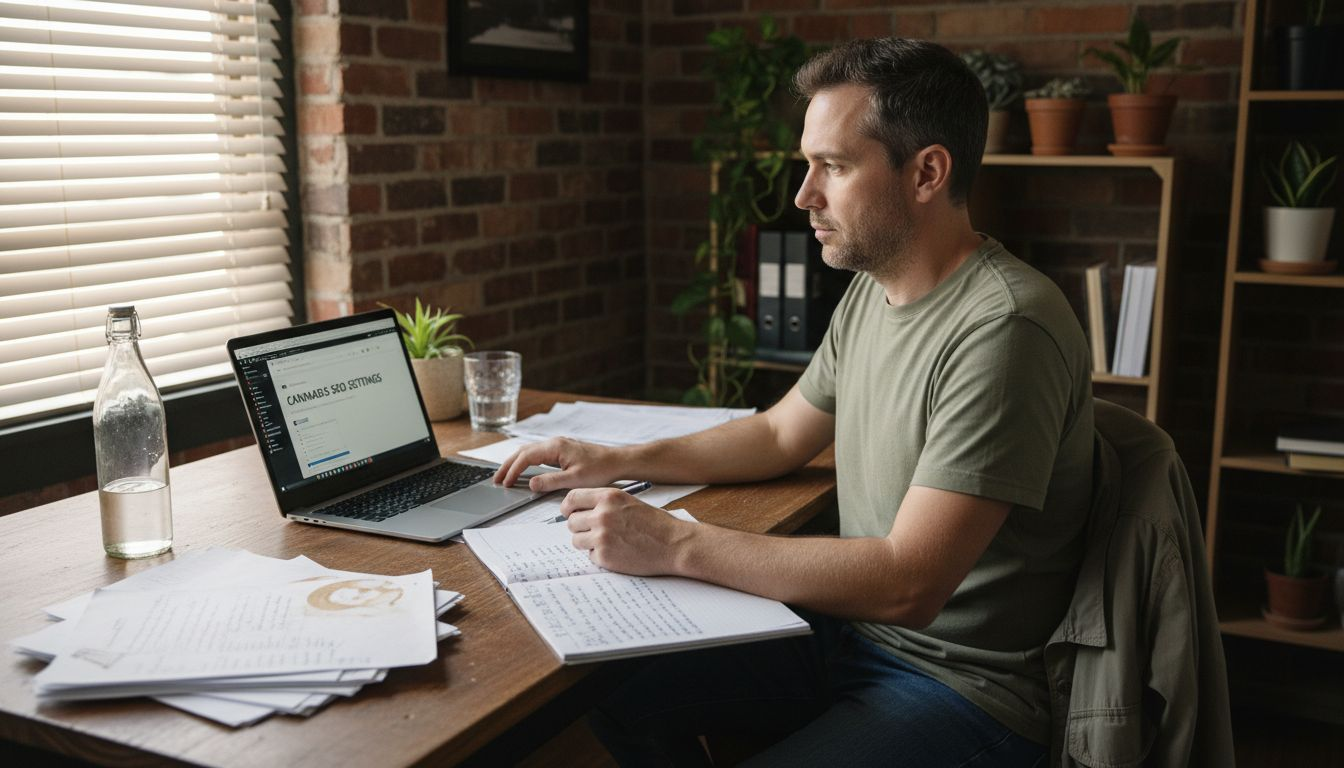 Cannabis SEO expert working at cluttered desk