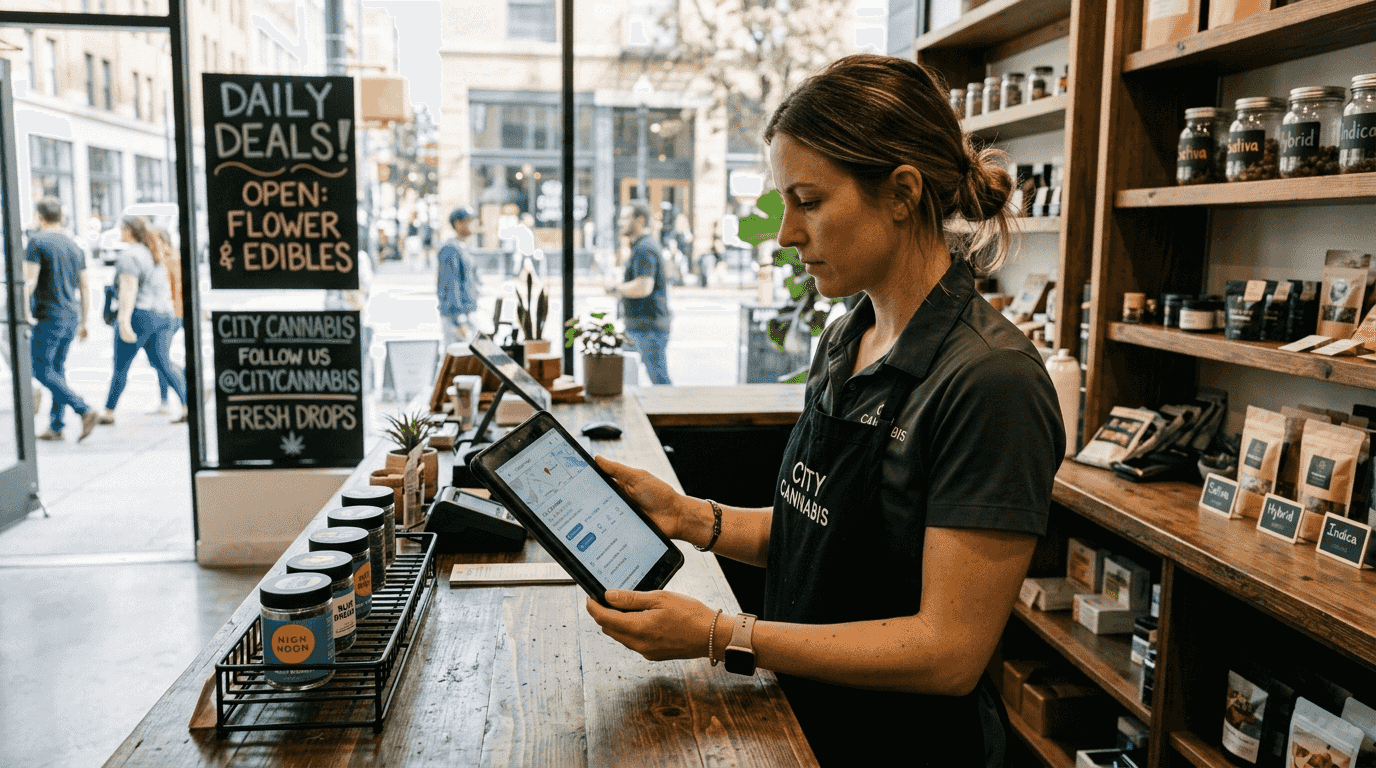 Dispensary manager checks Google Maps business listing