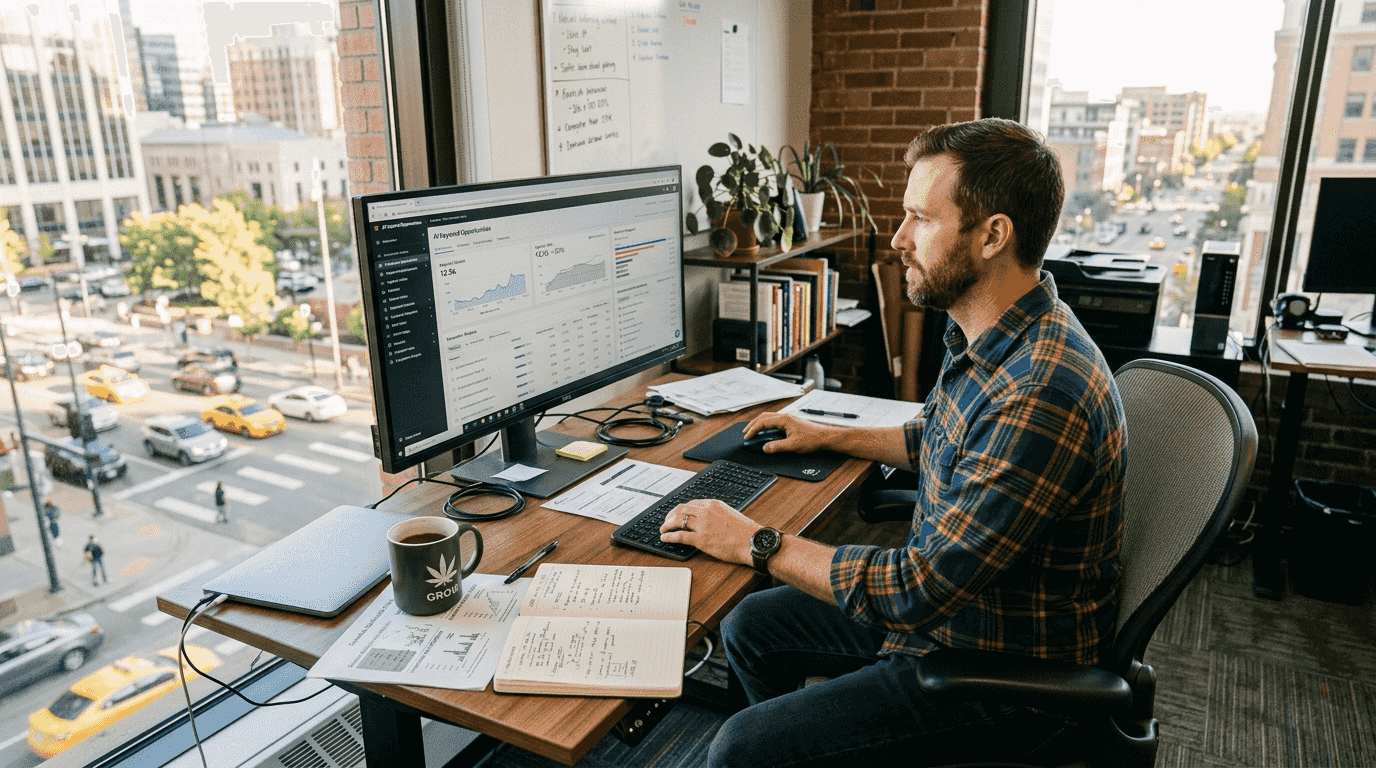 Marketer analyzing AI cannabis SEO dashboard