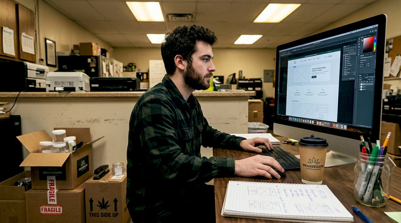Web designer working on dispensary website in small office