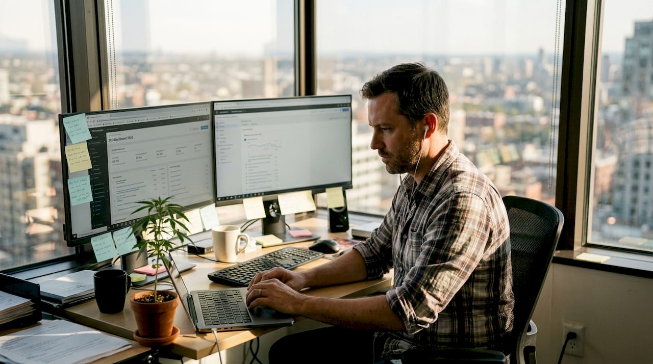 SEO strategist reviewing analytics in modern office