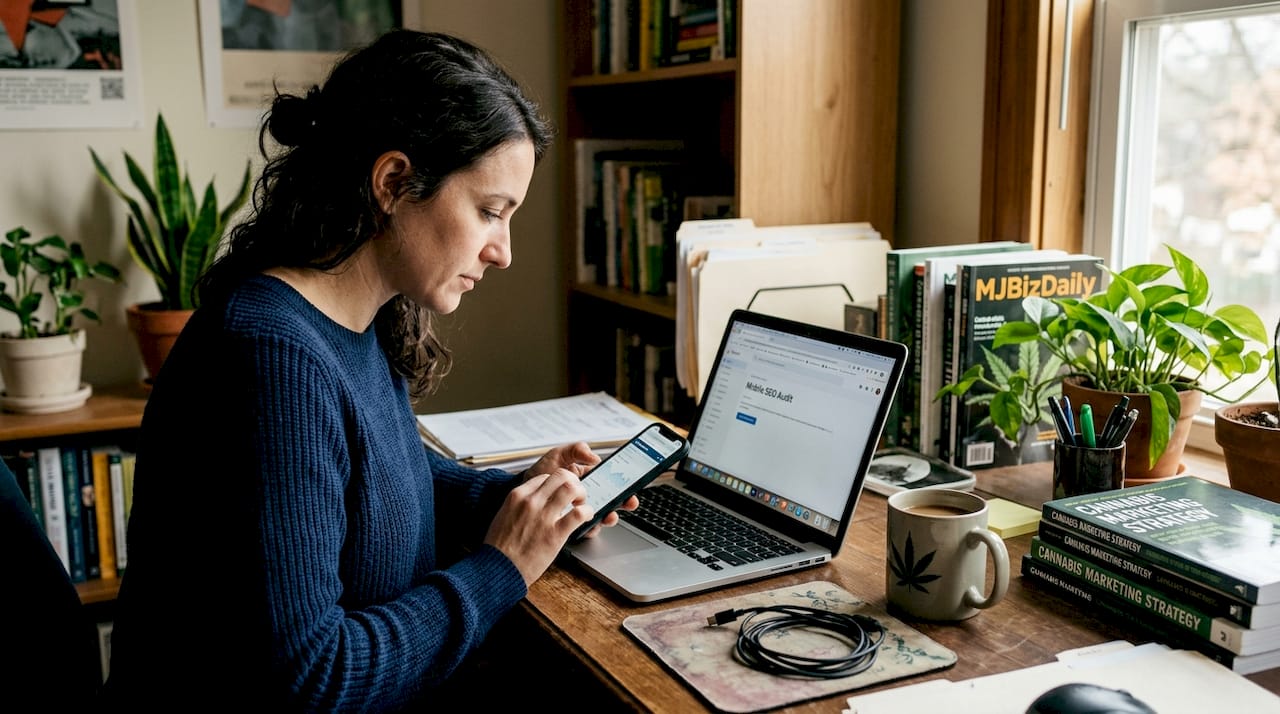 Marketing manager checks mobile SEO stats