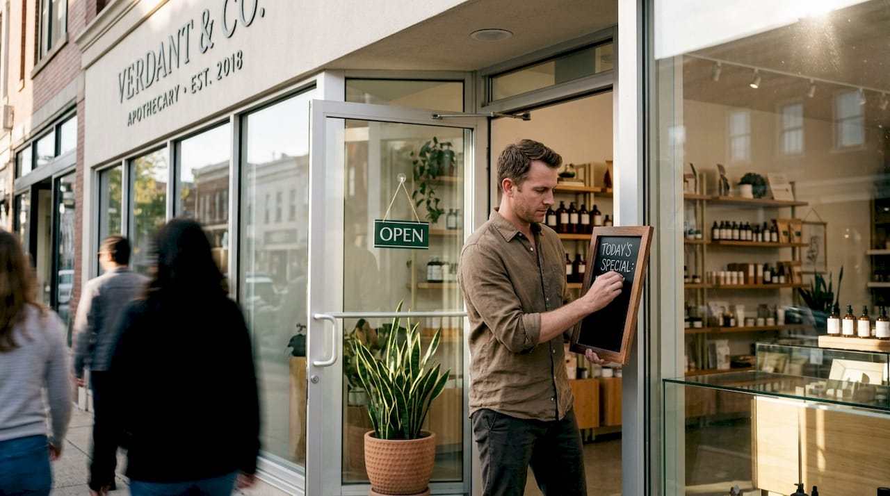Dispensary manager updating chalkboard sign inside store