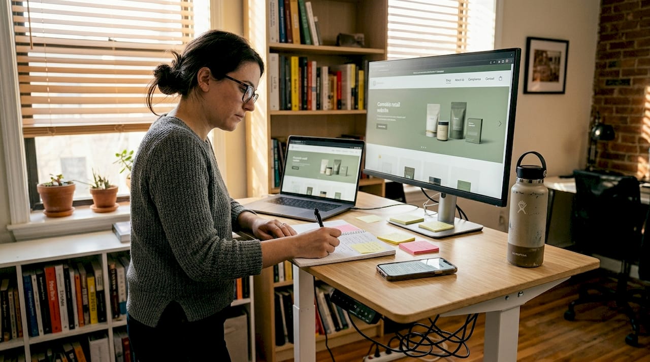 Designer reviewing compliant cannabis website layout