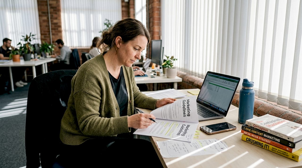 Professional reviewing cannabis marketing guidelines at desk