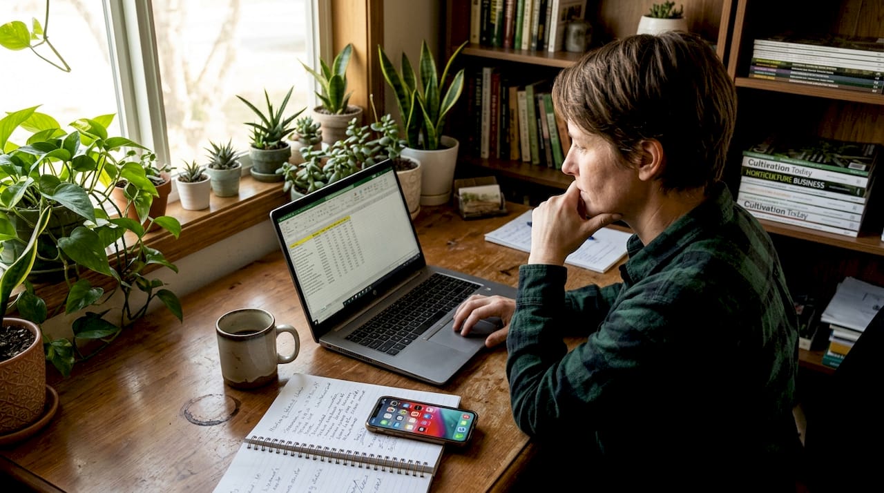 Cannabis cultivator reviewing marketing spreadsheet