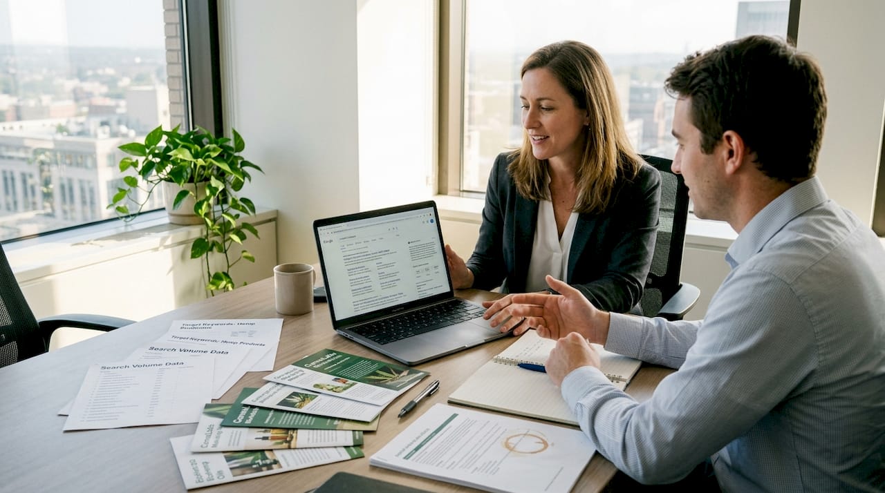 Consultants reviewing hemp SEO strategy together