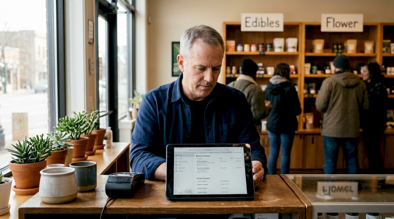 Dispensary owner checks business listings on tablet