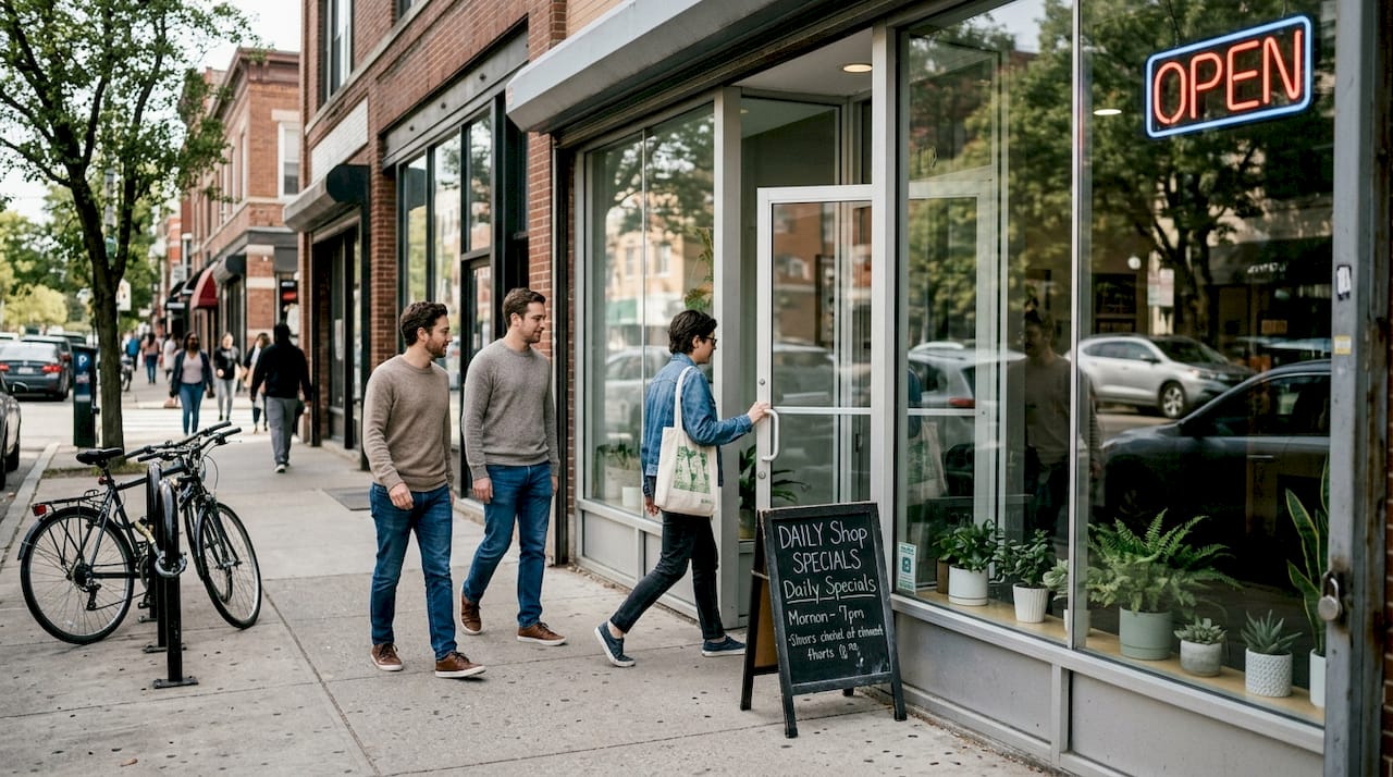 People entering busy city dispensary storefront
