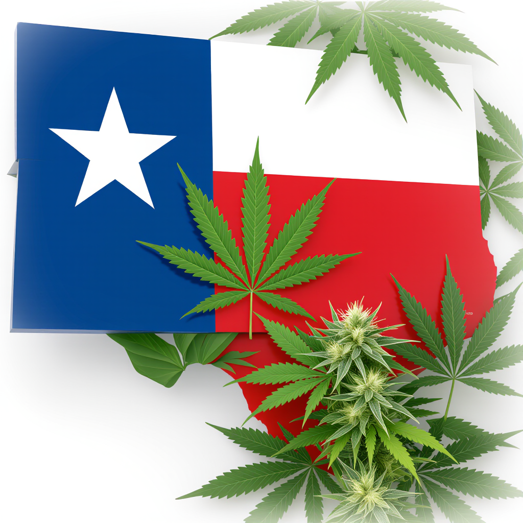 An outline of Texas in the pattern of the state flag, surrounded by cannabis leaves and buds.